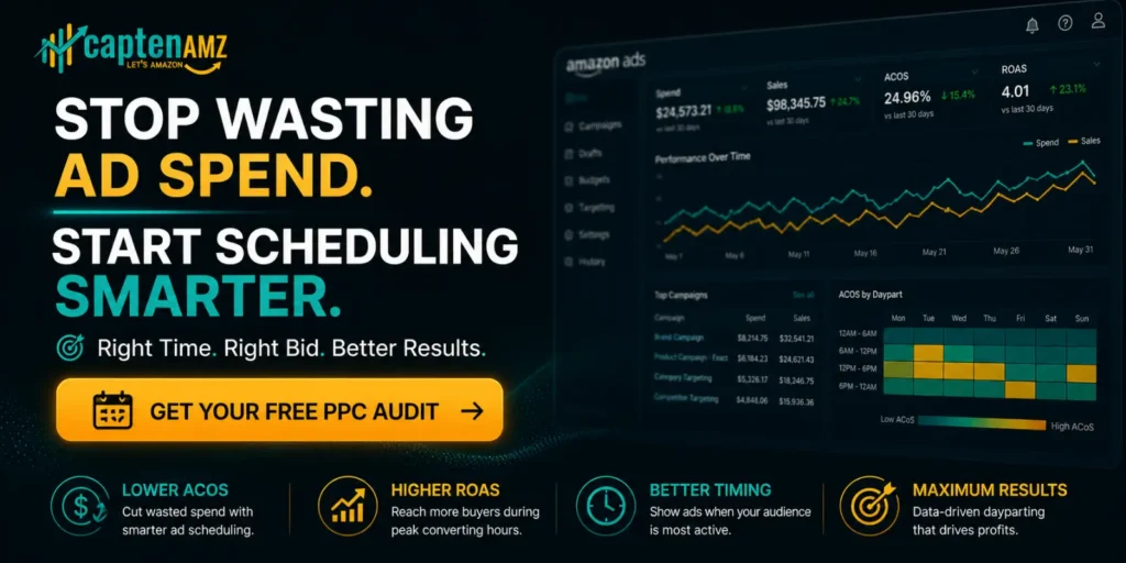 Stop Wasting Ad Spend. Start Scheduling Smarter. with a CaptenAMZ logo, a Get Your Free PPC Audit